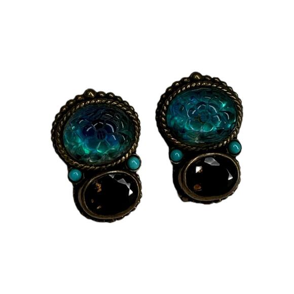 Stephen Dweck Clip On Earring Vintage Carved Smoky Quartz Turquoise Blue Crystal - Picture 6 of 11